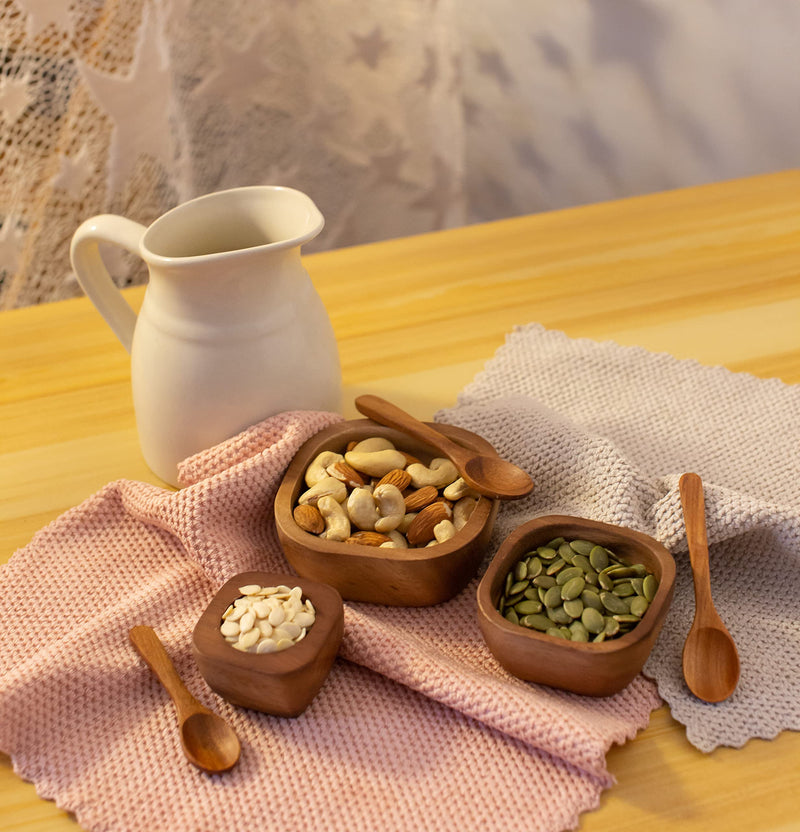 [Australia - AusPower] - Tiny Acacia Wood Nesting Square Set 3 Serving Bowl 3¾”, 2¾”, 2⅛” Small 3 Wooden Spoon Mix size Stackable little Dish for Prep Salt Pepper Mustard Wasabi Dip sauce Salsa Nut Tableware Wooden Nest Bowl 