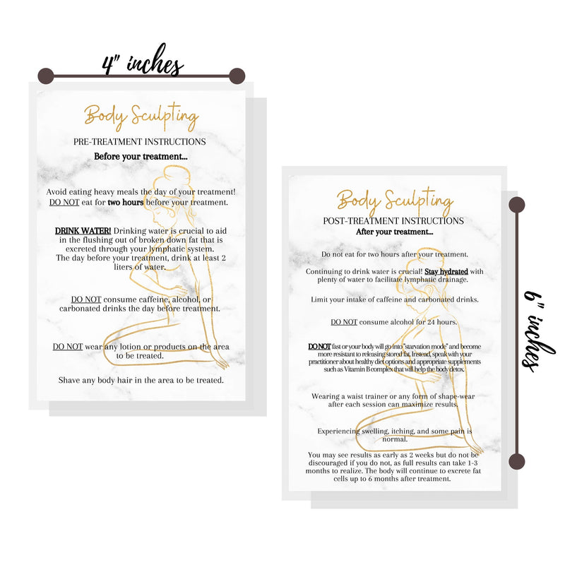 [Australia - AusPower] - Body Sculpting Pre/Post Treatment Infocards | 30 Pack | 4x6” inch Large Postcard Size | Marble Look with Gold Colored Bodice Silhouette Design 