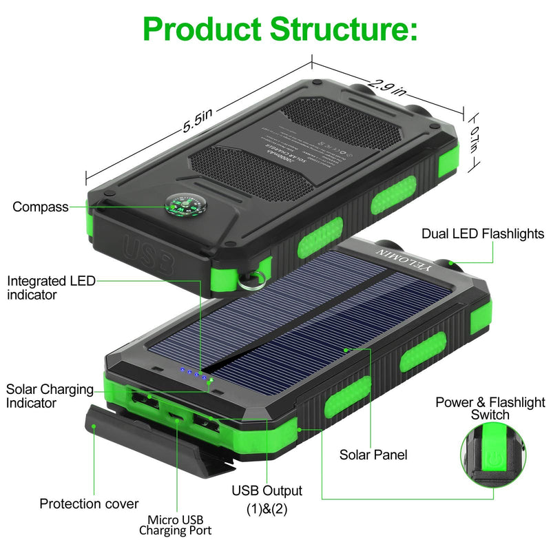 [Australia - AusPower] - Solar Charger,YELOMIN 20000mAh Portable Waterproof Solar Power Bank for Cellphones,External Backup Pack Battery Dual USB Outputs/LED Flashlights,Compatible with Tablets and Other Devices(Light Green) Light Green 