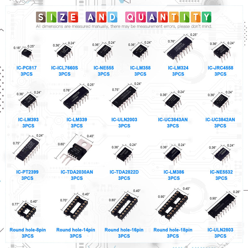 [Australia - AusPower] - Glarks 63Pcs IC Chip Assortment Include LM358, LM324, LM386, JRC4558, ICL7660, LM393, LM339, NE5532, NE555, PC817, TDA2030, TDA2822, PT2399, UC3842, UC3843, ULN2003, ULN2803 and 8/14/16/18 Pin DIP IC 