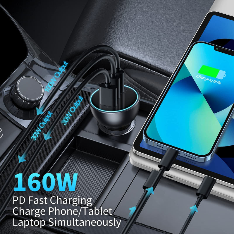 [Australia - AusPower] - USB C Car Charger, Baseus 160W Type C Car Charger, QC5.0 PD3.0 3 Ports Super Fast Charging Car Phone Charger Adapter for iPhone 13 12 11 Pro Max, Samsung Galaxy S22 S21 iPad MacBook Pro Air Laptop 