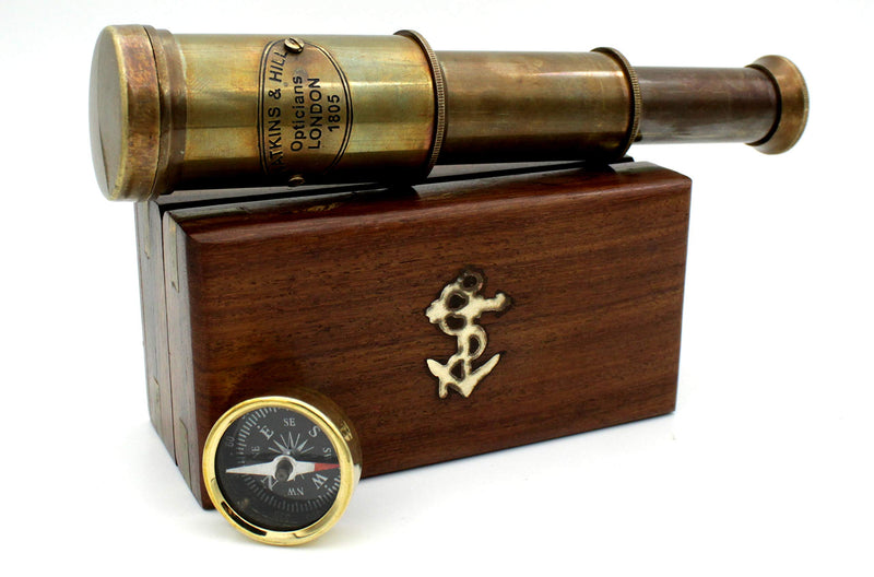 [Australia - AusPower] - Nautical Brass Spyglass Telescope with Wooden Box, Brass Pirate Brass Telescope, Spyglass Collapsible Monocular Decorative Telescope with Glass Optics for Kids (Antique Finish) Black 