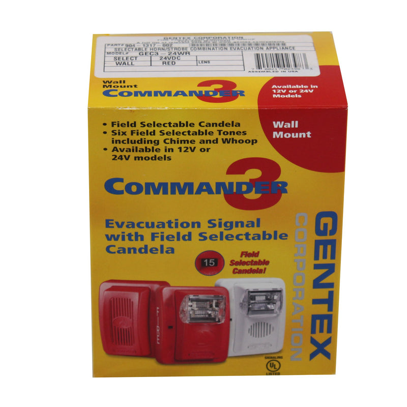 [Australia - AusPower] - Gentex GEC3-24WR 24VDC Selectable Candela Low Profile Evacuation Horn & Strobe - Red Faceplate 