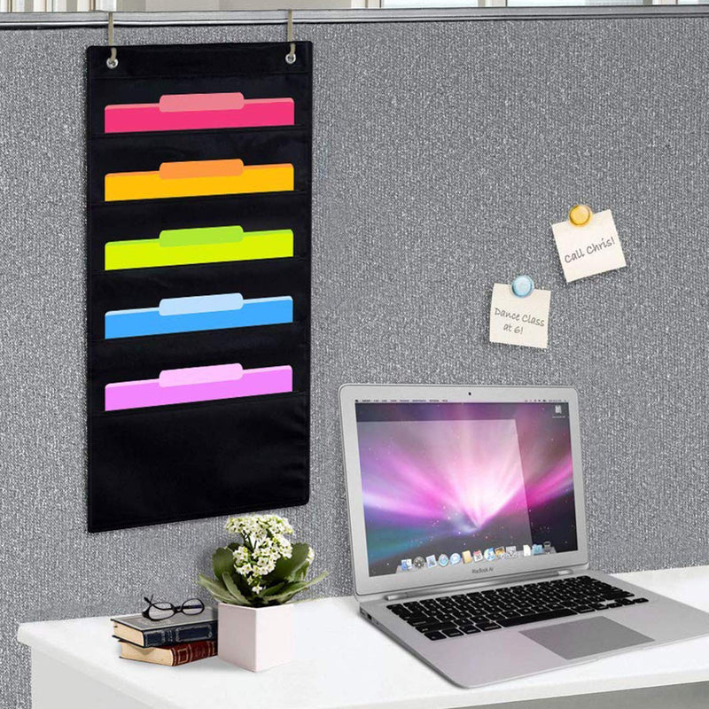 [Australia - AusPower] - Set of 2 Hanging File Holder Organizer Rack, 5 Pocket File Folders, Wall Mount, Tier Racks Hang Bedroom Desk Expanding Fabric File, Board Business Card, Bathroom Hair Tool, Home Decor Shelf Black 5 Pocket (2 Pack) 