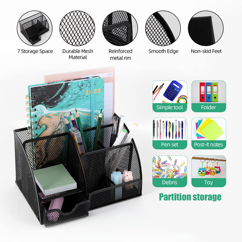 [Australia - AusPower] - Multifunctional Mesh Desktop organizer with 6 Compartments + 1 Drawer by YIYUAN, Black Office Desk Accessories Metal Stationary Holder 