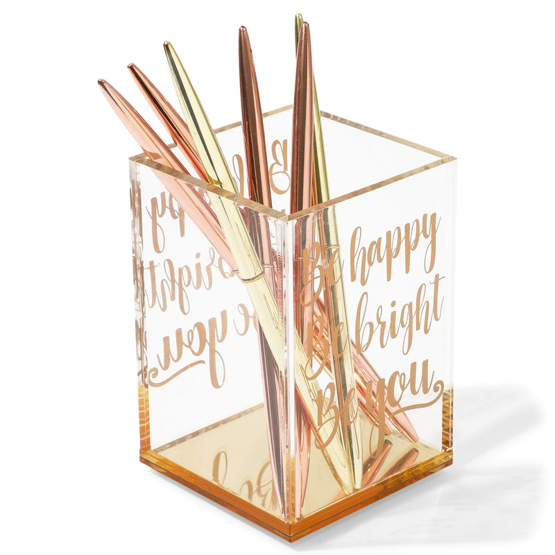 [Australia - AusPower] - Gold and Clear Acrylic Pen Holder with Inspirational Quotes (2.95 x 4.45 In) 