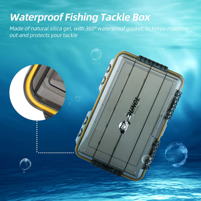 [Australia - AusPower] - RUNCL Fishing Tackle Box, Waterproof Airtight Stowaway, 3600/3700 Tray Tackle Box with Adjustable Dividers, Sun Protection, Thicker Frame, Fishing Storage Lure Box for Freshwater Saltwater Waterproof Box 1 Pack (Size: 10.65"x7.1"x1.89") 