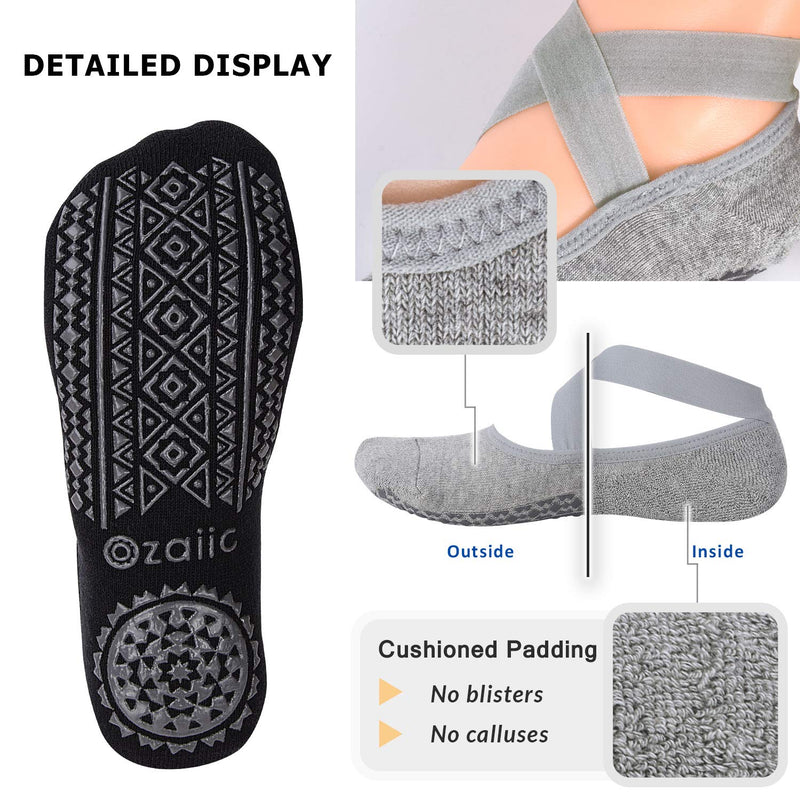 [Australia - AusPower] - Ozaiic Yoga Socks for Women Non-Slip Grips & Straps, Ideal for Pilates, Pure Barre, Ballet, Dance, Barefoot Workout 2p- Black/Gray 