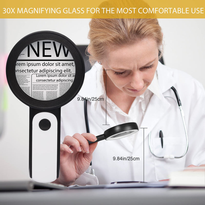 [Australia - AusPower] - JMH Magnifying Glass with Light, 30X Handheld Large Magnifying Glass 18LED Cold and Warm Light with 3 Modes, Illuminated Lighted Magnifier for Seniors Reading, Inspection, Coins, Jewelry, Exploring Black 