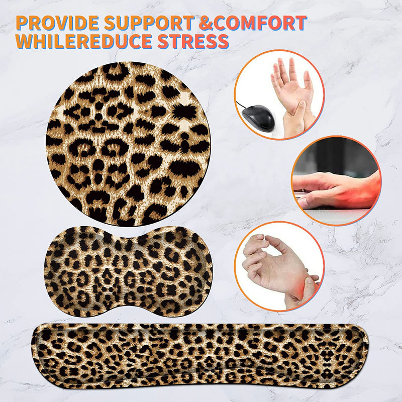 [Australia - AusPower] - Keyboard Wrist Rest Pad + Mouse Wrist Rest + Gaming Mouse Pad + Coasters Ergonomic Memory Foam Wrist Pad Set with Easy Typing & Pain Relief for Computer, Laptop, Office & Home - Leopard Grain 