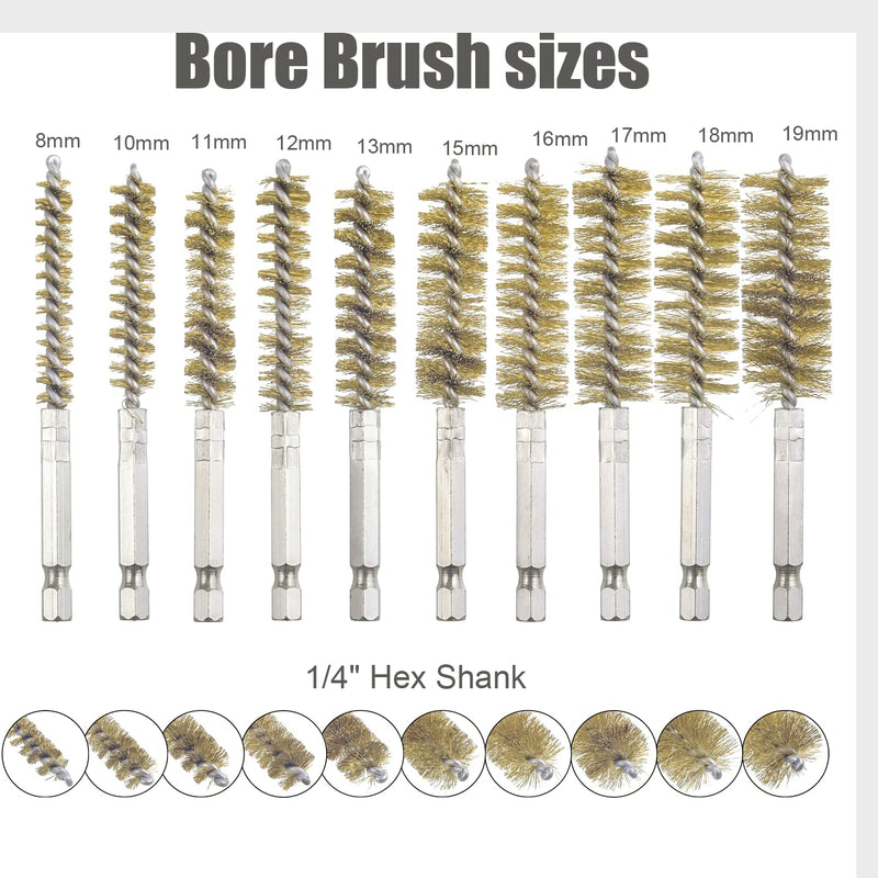[Australia - AusPower] - WENORA 10 Piece Bore Brush Set- Stainless Steel Bore Brushes with 1/4" Hex Shank Twisted Wire Bore Brushes with Different Bristle Lengths for Tubes Ports Bearings Cleaning, 4 Inch in Length Brass coating 