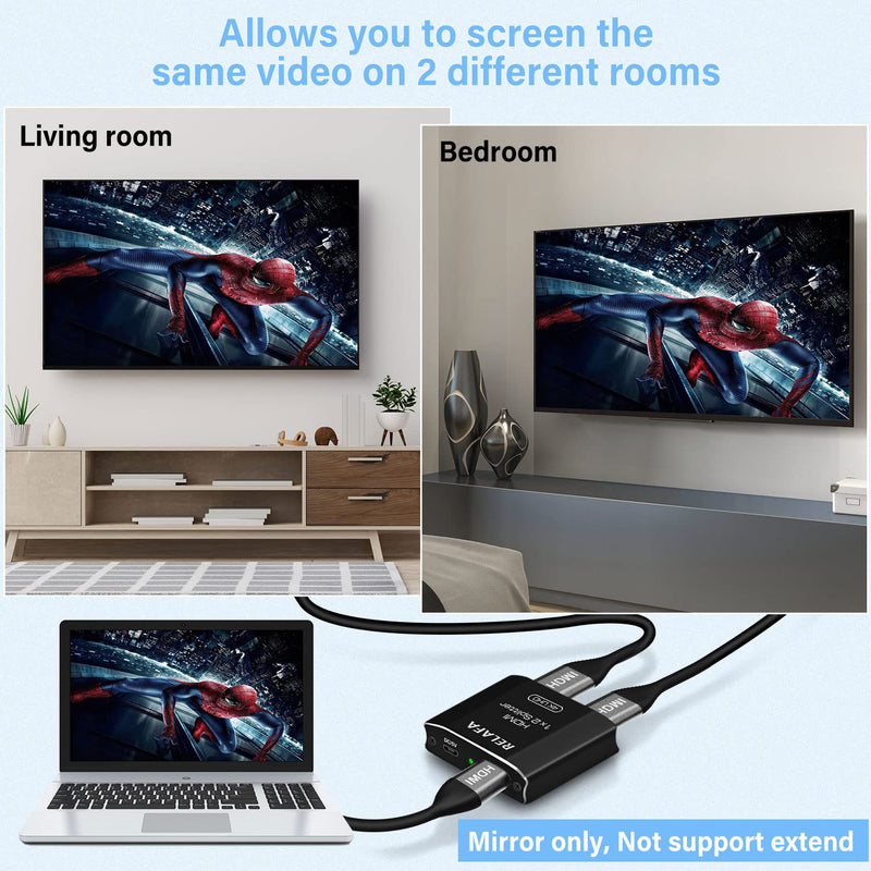 [Australia - AusPower] - HDMI Splitter, 4K HDMI Splitter 1 in 2 Out for Dual Monitors Powered- HDCP 1.4 Duplicate/Mirror Only, 1x2 for Computer Monitors Supports UHD 3D TV 1080P (1 Source onto 2 Displays) 
