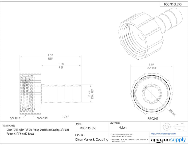 [Australia - AusPower] - Dixon Valve & Coupling TCF73 Nylon Tuff-Lite Fitting, Short Shank Coupling, 3/4" GHT Female x 3/8" Hose ID Barbed 3/8" Hose ID x 3/4" GHT Female 