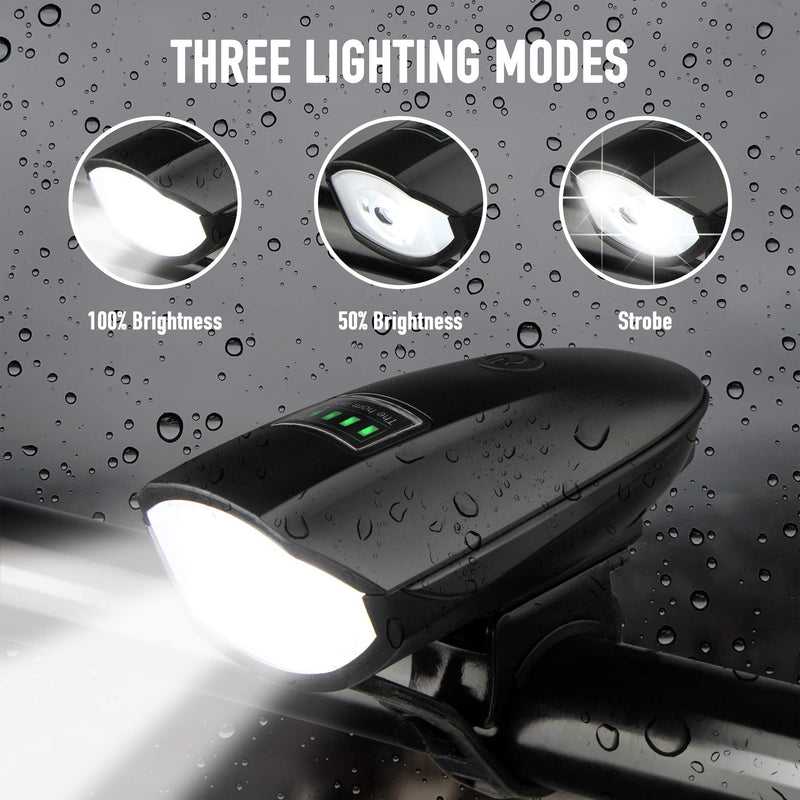 [Australia - AusPower] - Bike Lights Set with Horn 1400LM USB Rechargeable Bicycle Headlight & Tail Light & Horn Waterproof 3 Lighting Modes Fits Bicycles for Road and Mountain Black 