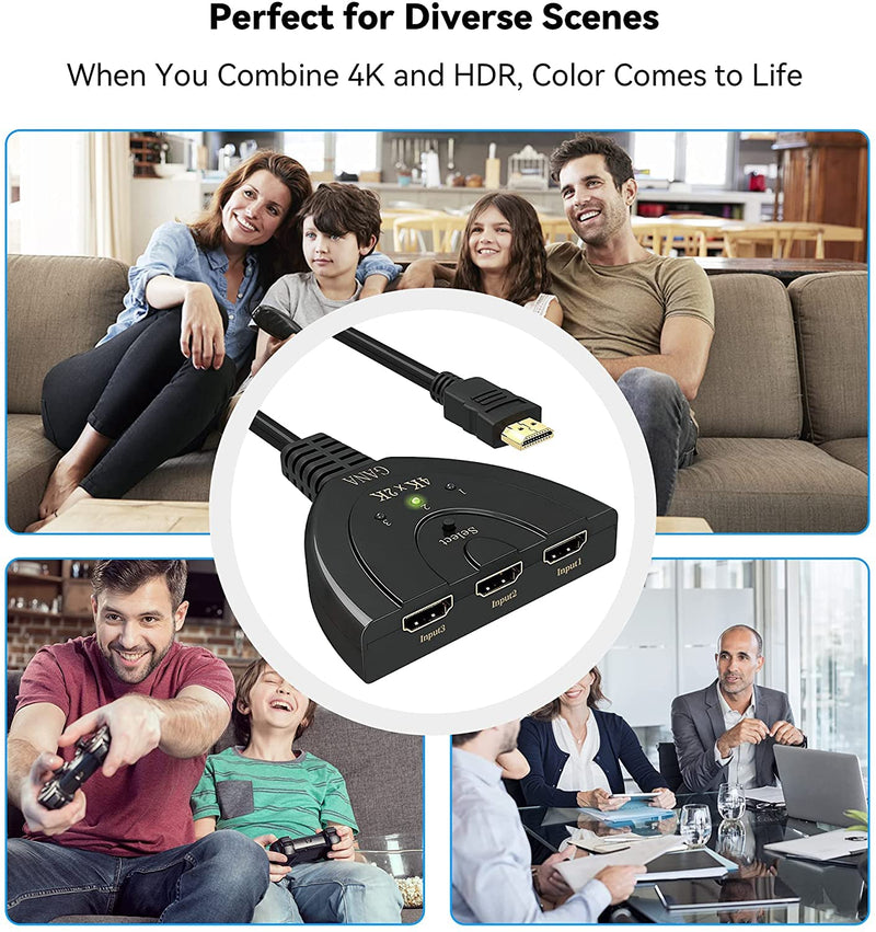 [Australia - AusPower] - HDMI Switch, GANA 4K HDMI Splitter 3 in 1 Out, 3-Port HDMI Switcher Selector with Pigtail HDMI Cable,Supports Full HD 4K 1080P 3D Player, HDMI Hub Compatible with Fire Stick,HDTV,PS4 Game Consoles,PC 