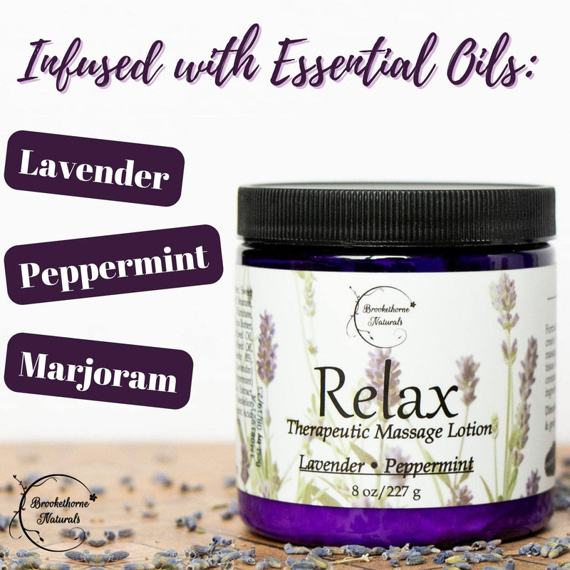 [Australia - AusPower] - Relax Therapeutic Massage Lotion – All Natural Enriched with Lavender & Peppermint Essential Oils Perfect for Massage Therapy - Massage Cream for Full Body Massage - Brookethorne Naturals 8oz 