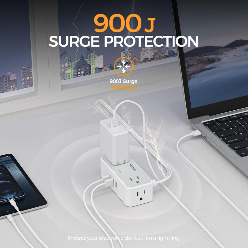 [Australia - AusPower] - Ultra Thin Flat Plug Extension Cord 25 FT, TESSAN Surge Protector Power Strip with 4 AC Outlets 3 USB Ports, 900 Joules Protection, Multi Plug Charging Station for Home Office Dorm Room Essentials USB A with Surge Protection 