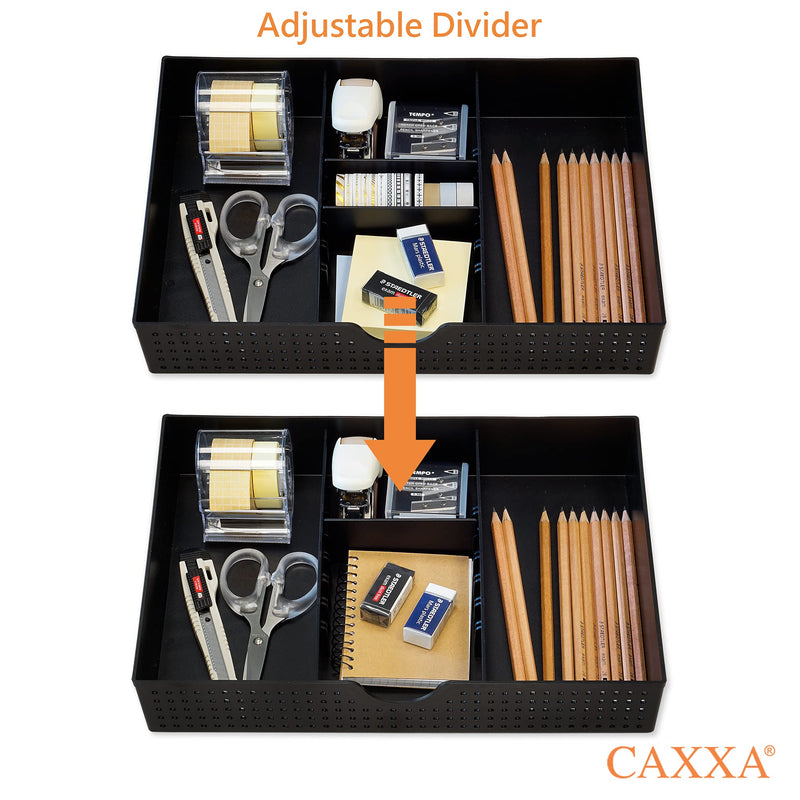 [Australia - AusPower] - CAXXA 2 Pack 3 Slot Drawer Organizer with Two Adjustable Dividers - Junk Drawer Storage for Office Desk Supplies and Accessories, Black (2 Pack) 