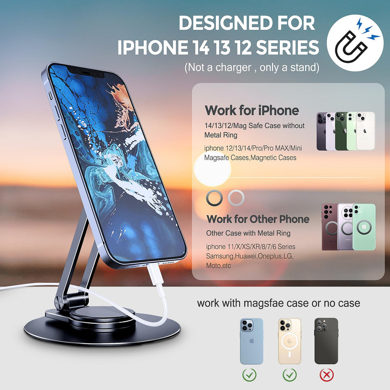 [Australia - AusPower] - CreaDream Magnetic Desk Phone Stand for iPhone 14 13 12 Series, Aluminum Phone Stand Holder Dock with 360°Rotation Base Adjustable Foldable, Compatible with iPhone 14 13 12 Pro Max Mini, Magsafe Case 