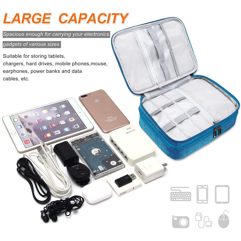 [Australia - AusPower] - Electronic Bag Travel Cable Accessories Bag Waterproof Double Layer Electronics Organizer Portable Storage Case for Cable, Cord, Charger, Phone, Adapter, Power Bank, Kindle, Hard Drives Sky Blue 