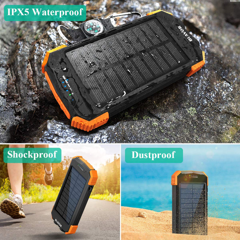 [Australia - AusPower] - Solar Power Bank, Qi Portable Charger 10,000mAh External Battery Pack Type C Input Port Dual Flashlight, Compass, Solar Panel Charging (Orange) Orange 
