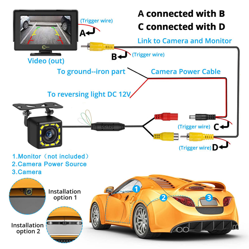 [Australia - AusPower] - Car Backup Camera, Rear View Camera Ultra HD 12 LED Night Vision, Waterproof Reverse Camera 140° Wide View Angel with Multiple Mount Brackets for Universal Cars, SUV, Trucks, RV and More White LED Light 
