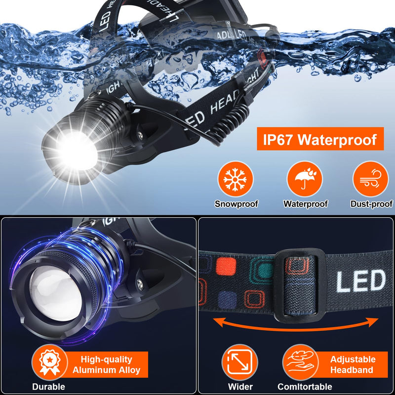 [Australia - AusPower] - Aikertec Headlamp, 100000 High Lumen Super Bright Headlamp with 3 Modes, Waterproof, 90Â°Adjustable, Headlamp Flashlight Red Light Headlight for Outdoor Camping, Running, Cycling, Climbing 