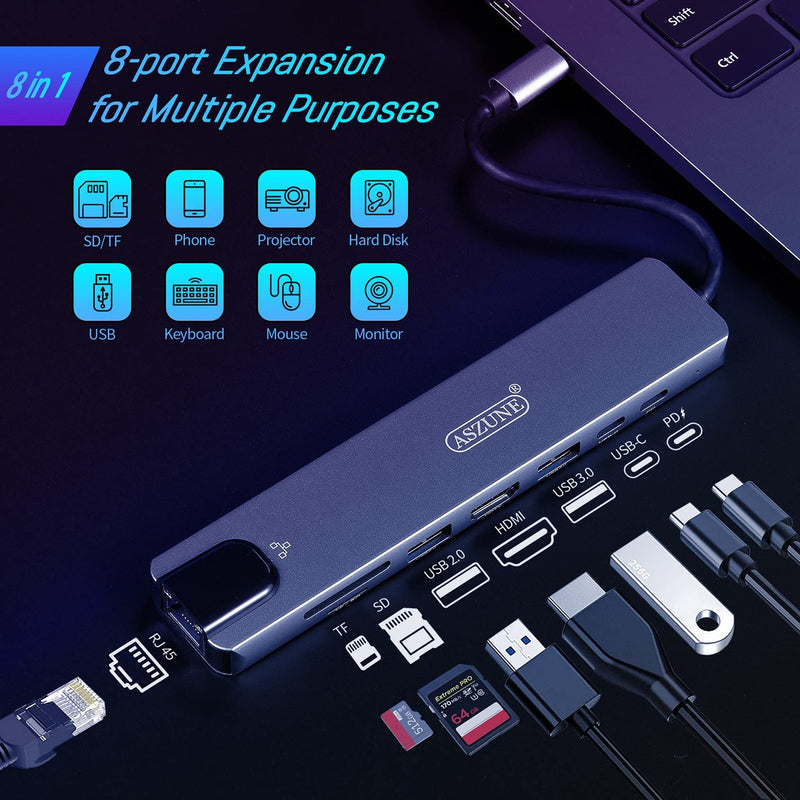 [Australia - AusPower] - USB C Adapter, Upgraded ASZUNE 8 in 1 USB C HUB USB C Ethernet Adapter HDMI Multiport Adapter Laptop Docking Station for HP DELL MacBook with 3.0 USB PD TF/SD Card Reader RJ45 8 in 1-Space Aluminum 