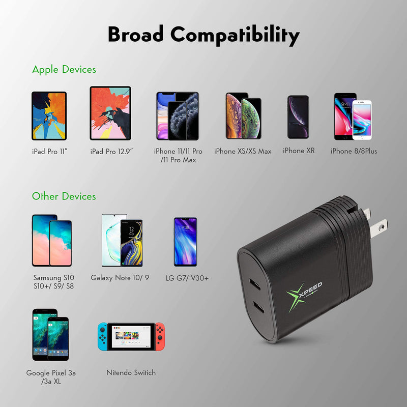 [Australia - AusPower] - USB C 36W 2 Port Wall Charger Xpeed by Chargeworx, PD 3.0, Type C, Fast Charging, Power Delivery, Foldable Adapter Compatible with iPhone 11, Pro, Max, iPad, Google Pixel, Samsung Galaxy S10/Note10/9 