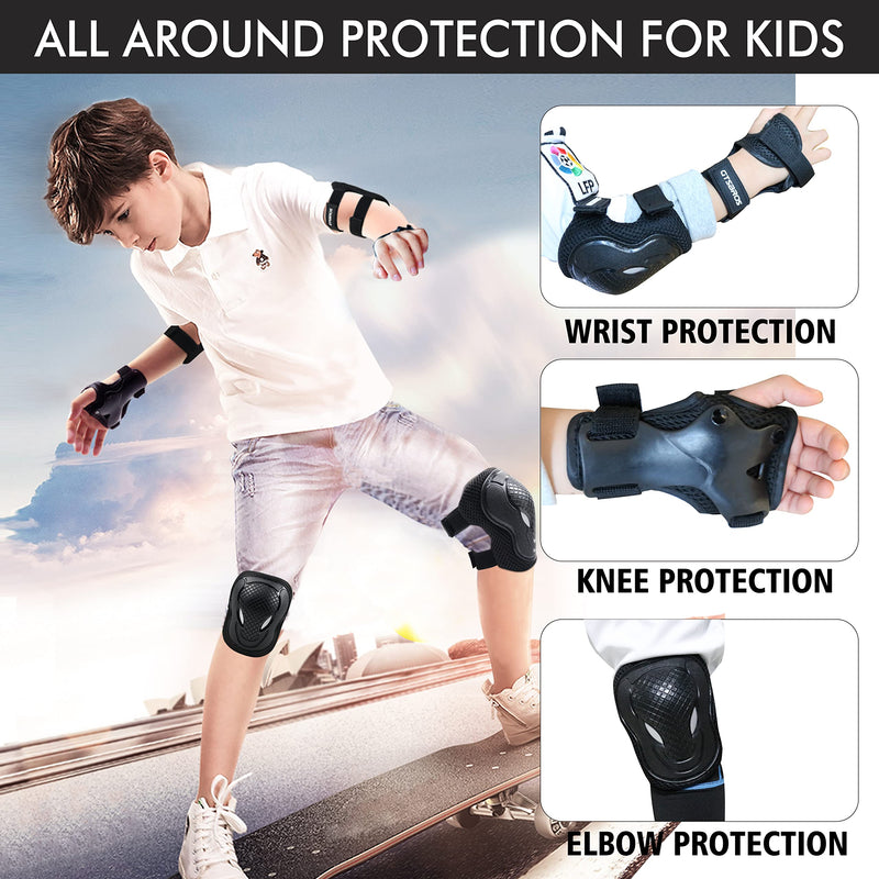 [Australia - AusPower] - GTSBROS Kids/Youth Protective Gear, Knee Pads and Elbow Pads 6 in 1 Set with Wrist Guard and Adjustable Strap for Roller Skates Cycling BMX Bike Skateboard Inline Skatings Scooter Riding Sports(Black) Black Small 