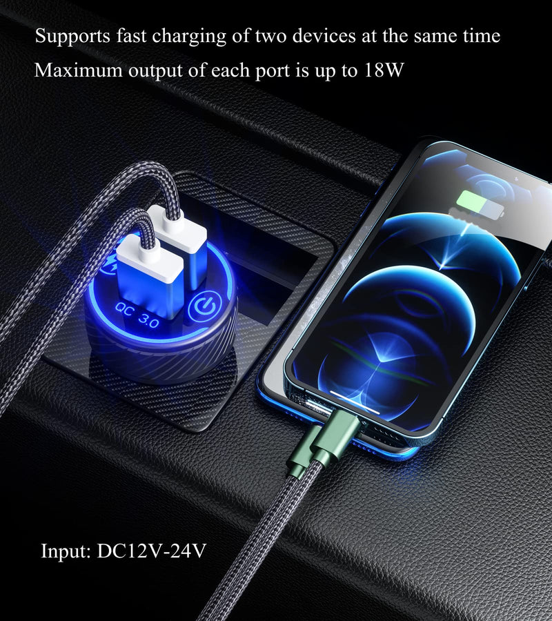 [Australia - AusPower] - BRCOVAN Car Charger, 36W 3A Fast Charge Car Charger Adapter, Dual QC3.0 Port USB Car Phone Charger with Touch Switch & Blue LED 