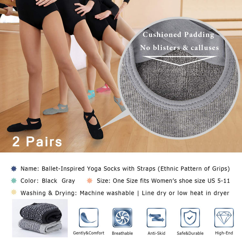 [Australia - AusPower] - Ozaiic Yoga Socks for Women Non-Slip Grips & Straps, Ideal for Pilates, Pure Barre, Ballet, Dance, Barefoot Workout 2p- Black/Gray 