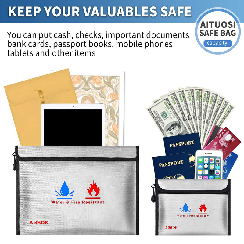 [Australia - AusPower] - Fireproof Document Bag，Fireproof Money Safe Document Bag 15 x11 & 9x7 Inches Set Non-Itchy Silicone Coated Fire Resistant Bag Fireproof Safe Storage for Money, Documents, Jewelry and Passport 