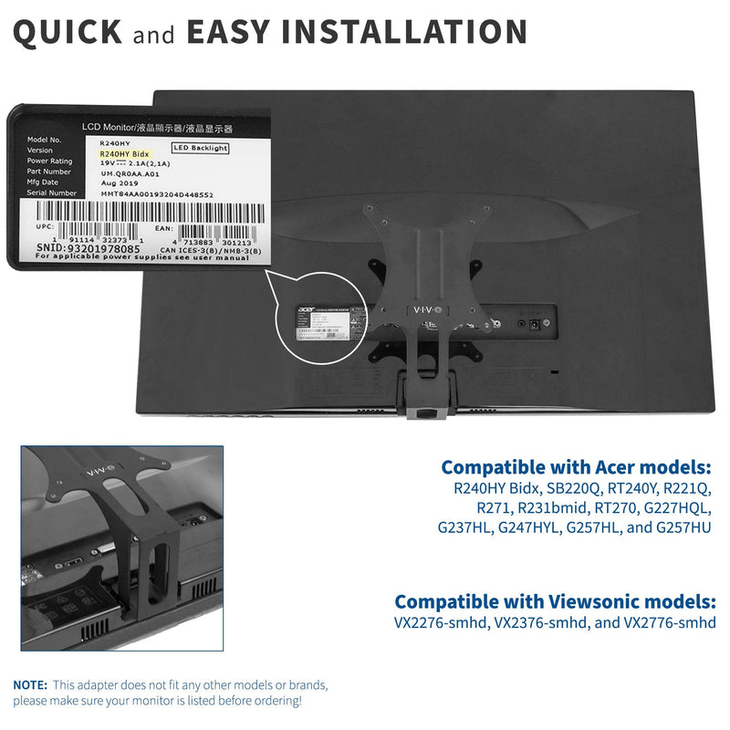 [Australia - AusPower] - VIVO Quick Attach VESA Adapter Plate, Designed for Acer and Viewsonic Monitors Including R240HY bidx, SB220Q, RT240Y, R221Q, RT270, G227HQL, VX2276-smhd, and More, VESA up to 100x100, MOUNT-AR240H 