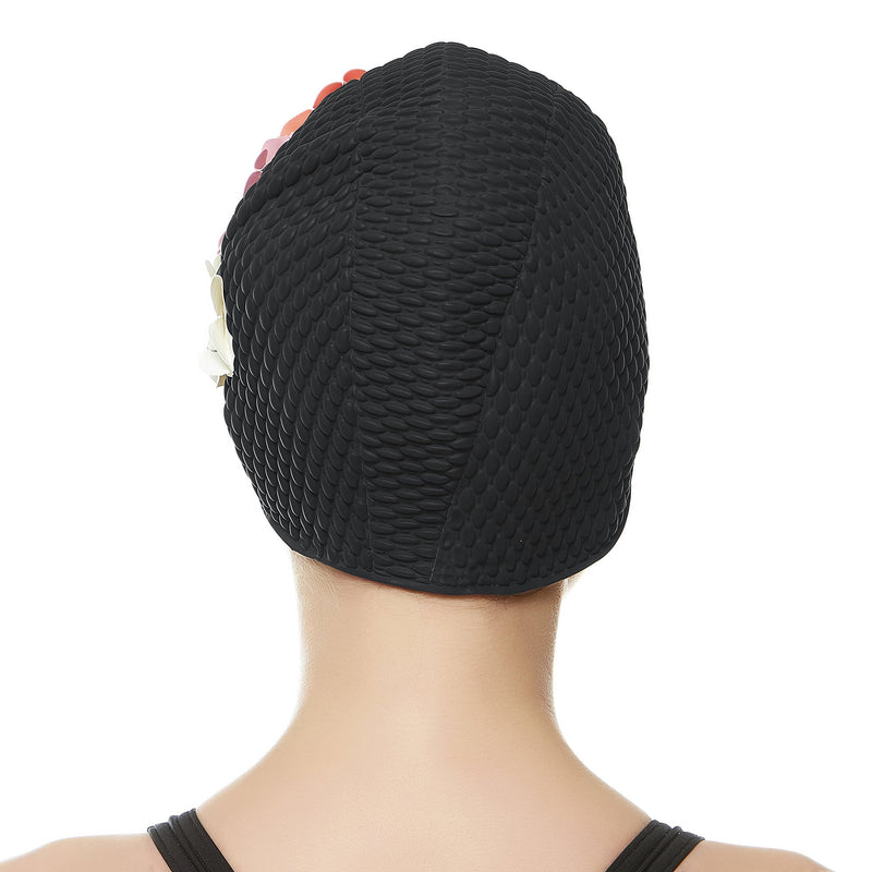[Australia - AusPower] - BEEMO Swim Bathing Caps for Women Latex Swim Hat Triple Flowers Long/Short Hair Black / Pink and White Flowers 