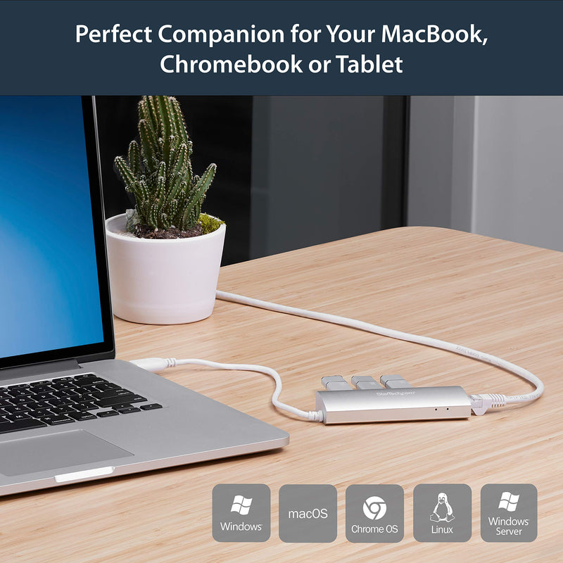 [Australia - AusPower] - StarTech.com 3-Port USB 3.0 Hub with Gigabit Ethernet - Up to 5Gbps - Portable USB Port Expander with Built-in Cable (ST3300G3UA) Silver w/ 3 USB Ports 