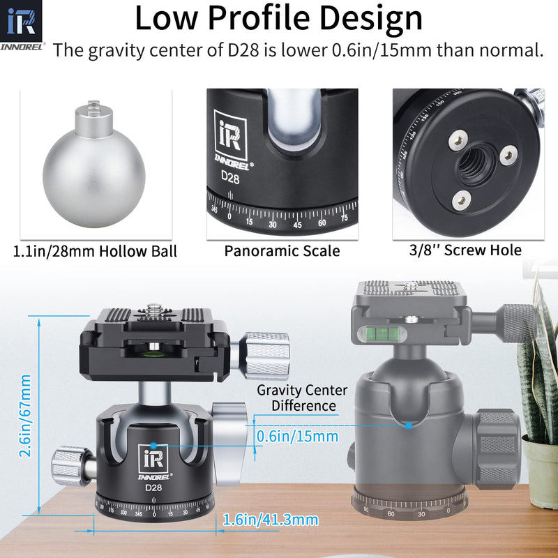 [Australia - AusPower] - INNOREL D28 28mm Low Profile Tripod Ball Head Professional All Metal CNC 360° Panoramic Camera Tripod Head for Monopod,DSLR Cameras,Camcorder,DV with 1/4" Arca Swiss Quick Release Plate Load 22lb/10kg 28mm Dia. 