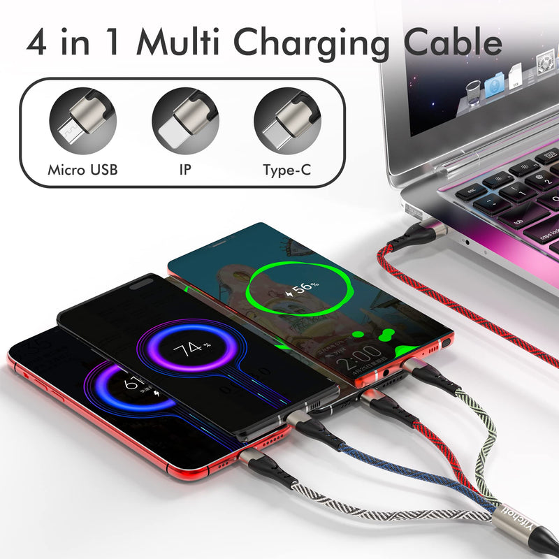[Australia - AusPower] - [ 2Pack 4FT] Multi Charging Cable Nylon Braided Universal 4 in 1 Multiple USB Cable 3A Fast Charging,with Dual Phone/USB-C/Micro-USB Port Adapter, Compatible with Cell Phones Tablets Universal Use 