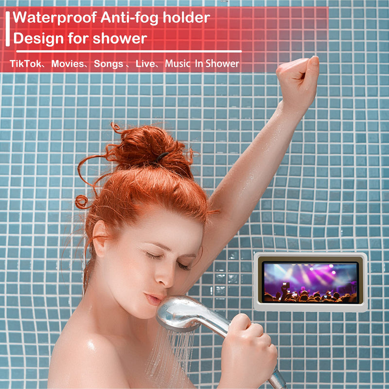 [Australia - AusPower] - Shower Phone Holder Waterproof,Wall Mount Shower Phone Holder Case with Anti-Fog Touchable Screen for Bathroom Tiles Mirror Bathtub Kitchen(White) White 