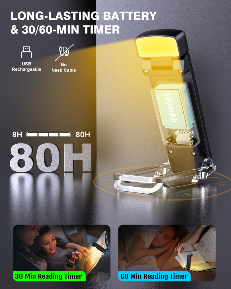 [Australia - AusPower] - Reading Light, Rechargeable Book Light, with Book Page Holder, 30/60 Min Timer Reading Lamp Clip On, 3 Color Modes & 5 Brightness Dimmable Eye Care for Kids, Reading Lovers at Night in Bed (Black) 8-Black 1 Pack 