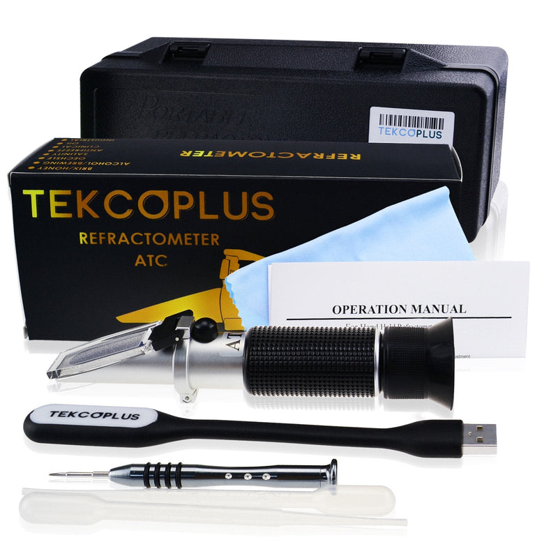 [Australia - AusPower] - TekcoPlus Salinity Refractometer ATC 0-28%, 0-280 PPT of NaCl, Measuring Sodium Chloride in Food, Salt, Seawater, Soy Sauce, Brine 0.2% Division, Made of Aluminum, with LED Light and Pipettes 