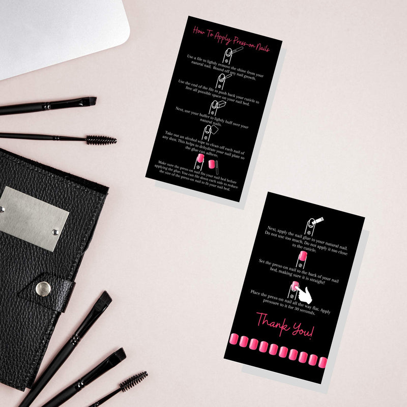 [Australia - AusPower] - Press-On Nail Application Instructions Cards | 50 Pack | 2x3.5" inch Business Card Size | DIY Press-On Nail Kit | Black and Pink Design 