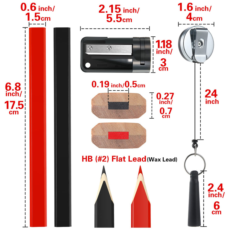 [Australia - AusPower] - 14 Pieces Woodworking Pencil Set, 7 Inches HB Carpenter Pencils with Pencil Sharpener, Retractable Pen Holder, Heavy Duty Marking Tool for Construction Tradesman Marker Scriber (Black, Red) Black, Red 