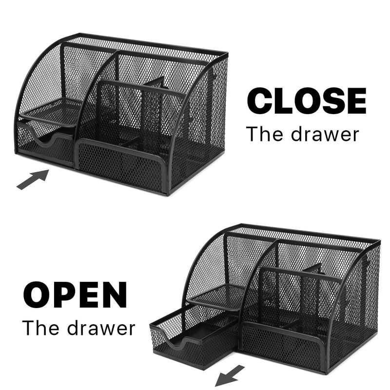 [Australia - AusPower] - Flexzion Desk Organizer Office Supplies Accessories Desktop Tabletop Sorter Shelf Pencil Holder Caddy Set - Metal Mesh with Drawer and 6 Compartments (Black) 