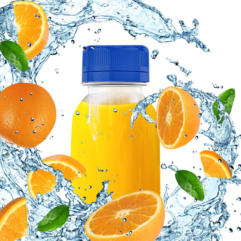 [Australia - AusPower] - 4 OZ Plastic Juice Bottles, Reusable Bulk Beverage Containers, for Juice, Milk and Other Beverages, orange and blue 10 Pcs. 