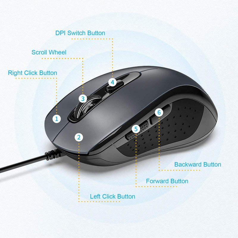 [Australia - AusPower] - TECKNET Wired Mouse, USB Wired Computer Mouse, 3600DPI 4 Adjustable Levels, 6-Button Ergonomic Mice, Home and Office Mouse for Laptop PC Desktop Notebook - Grey 