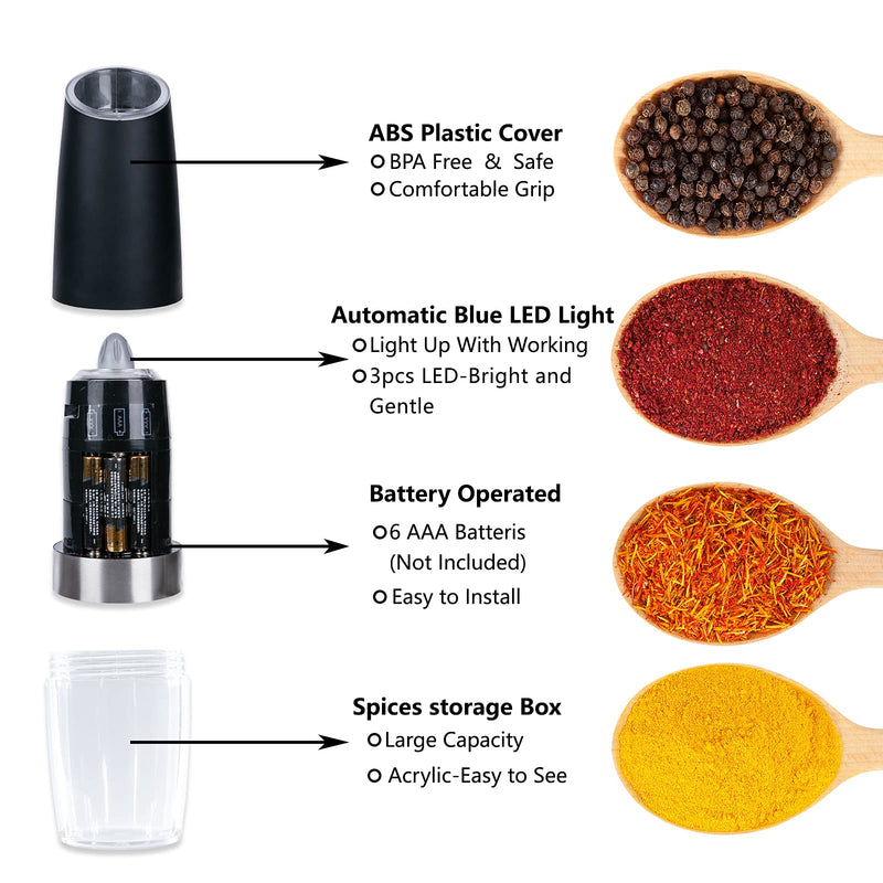 [Australia - AusPower] - Electric Salt and Pepper Grinder Set, Gravity Sensor, Automatic Pepper Mill, One Hand Operation, Battery-Operated with Adjustable Coarseness, Blue Led Light (Black 2 Pack) Black 2P 