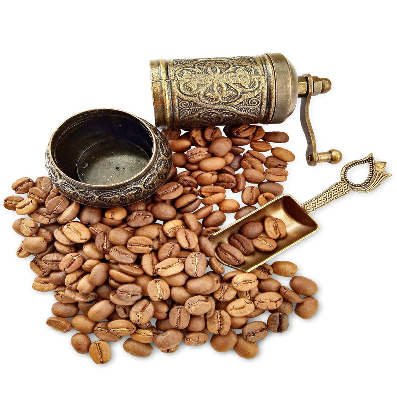 [Australia - AusPower] - BestChoice Pepper Salt Coffee Grinder - 3 in One - Turkish Coffee Mill - with Spice Shovel Spoon - Salt Shaker - Zinc Alloy Casting Best Carving Metal - Adjustable Coarseness - Bronze Color Design 