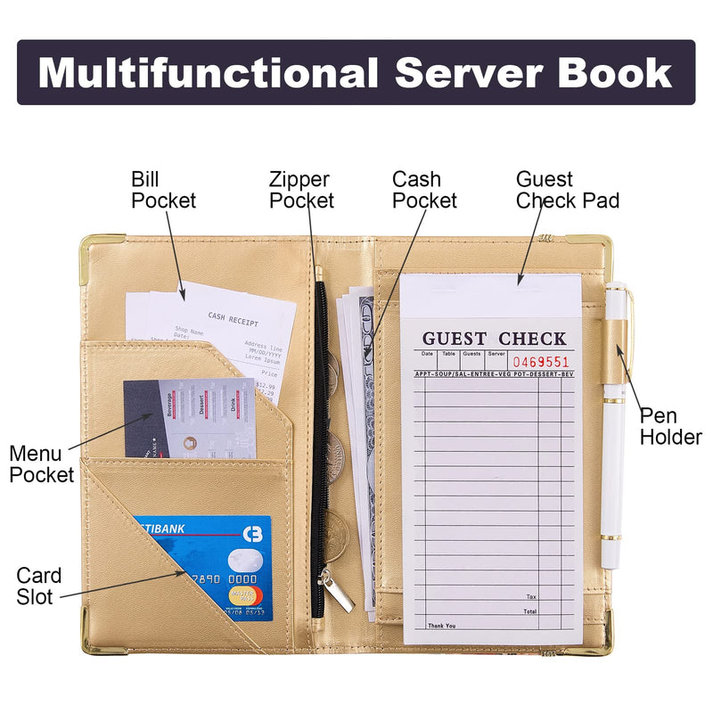 [Australia - AusPower] - Server Book, Bienbee Waitress Book Server Books for Waitress Waiter with Money Zipper Pocket Serving Book Server Notepad Waitress Accessories B-Apricot leaves 