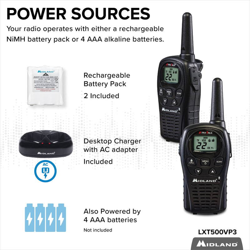 [Australia - AusPower] - Midland - LXT500VP3, 22 Channel FRS Walkie Talkies with Channel Scan - Extended Range Two Way Radios, Silent Operation, Batteries Included (Pair Pack) (Black) Pair Pack - Black 